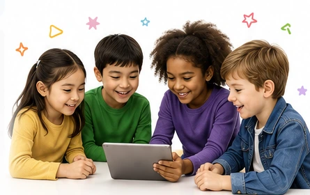 Groupe d’enfants de profils variés apprenant ensemble sur une tablette