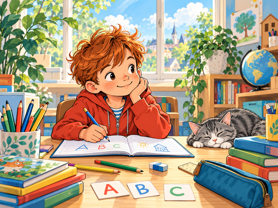 Un élève de CP travaille dans un cahier à son bureau.