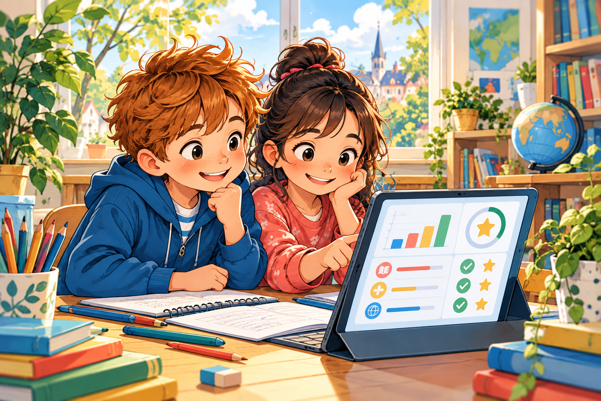 Deux élèves consultent leur progression scolaire sur une tablette.