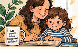 Un adulte accompagne un enfant dans son travail scolaire.