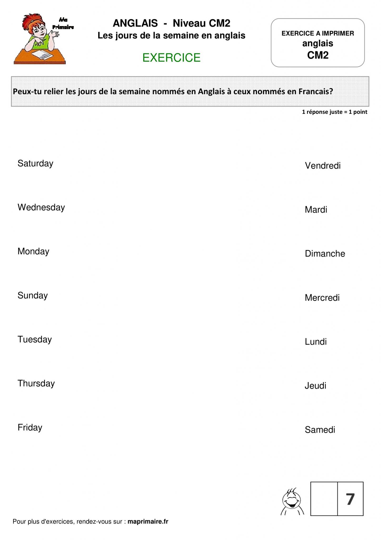 Exercices D'anglais Choisir Le Bon Temps Pdf CM2 > Exercice à imprimer > Les jours de la semaine en anglais - Classe