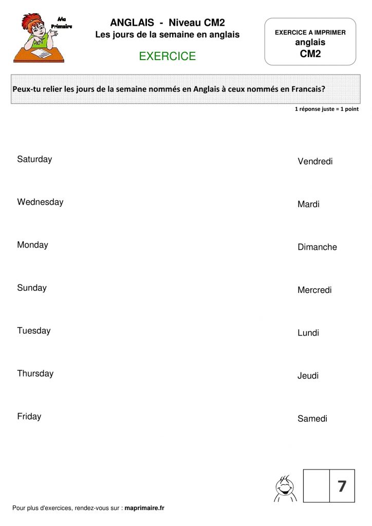 Cm2 Exercice A Imprimer Les Jours De La Semaine En Anglais Classe De Primaire