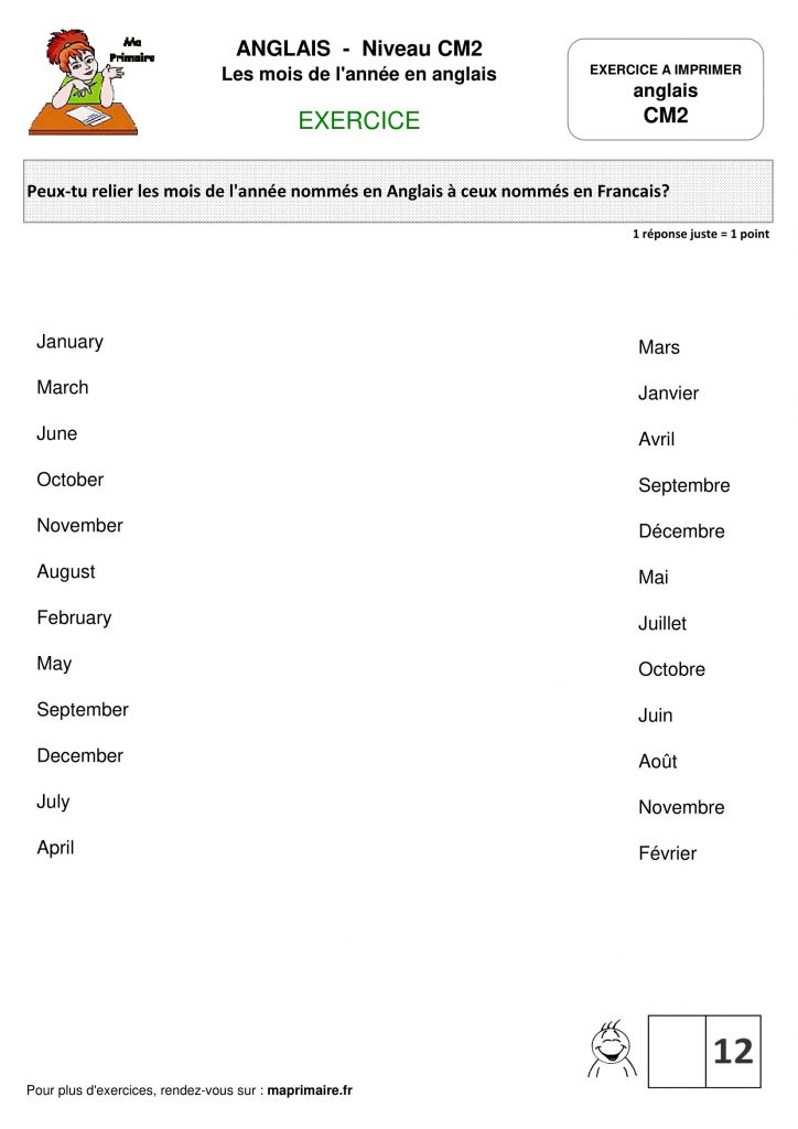 Cm2 Exercice A Imprimer Les Mois De L Annee En Anglais Classe De Primaire