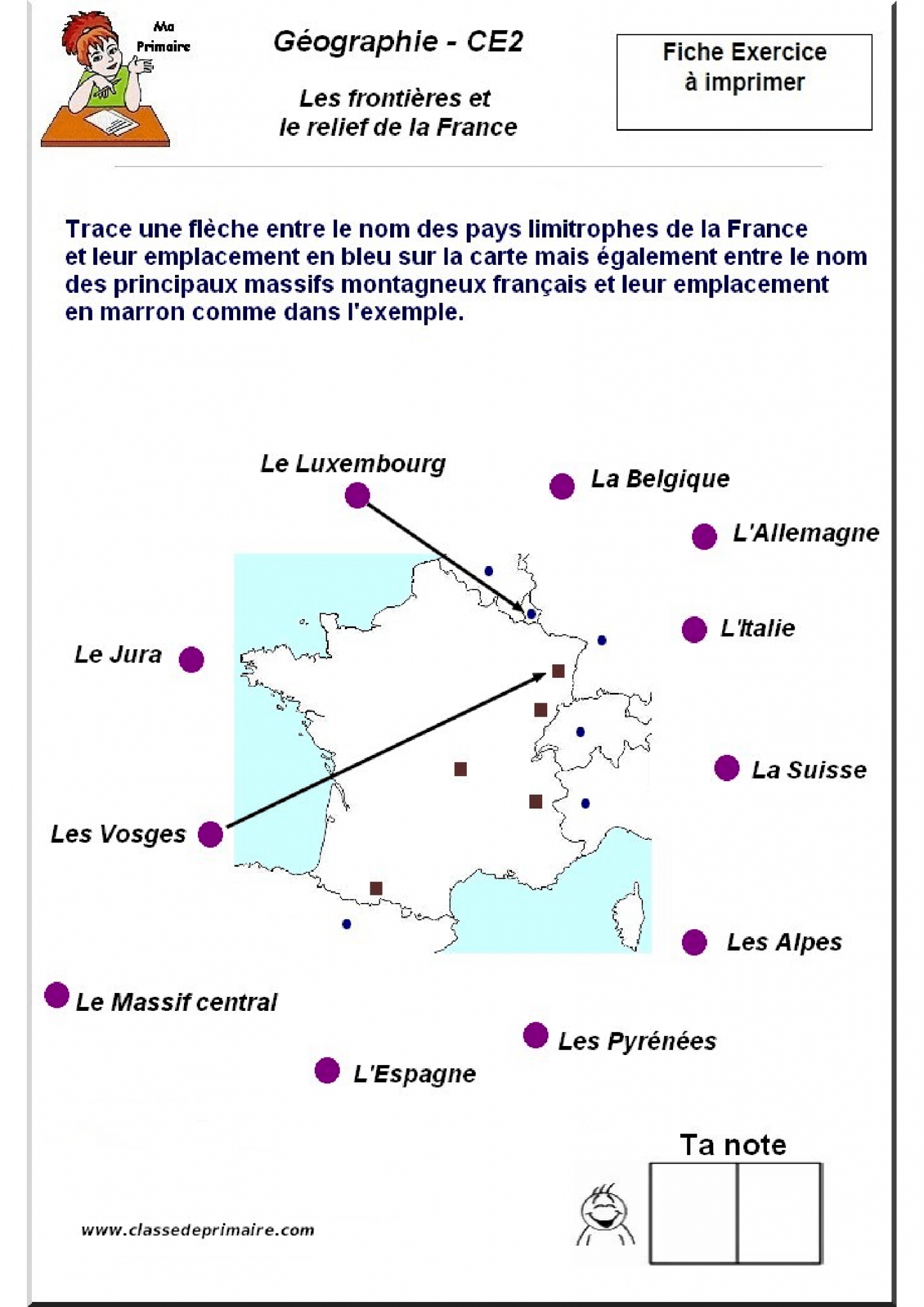 CE2 > Exercice à imprimer > Pays limitrophes de la France et massif montagneux Classe de primaire