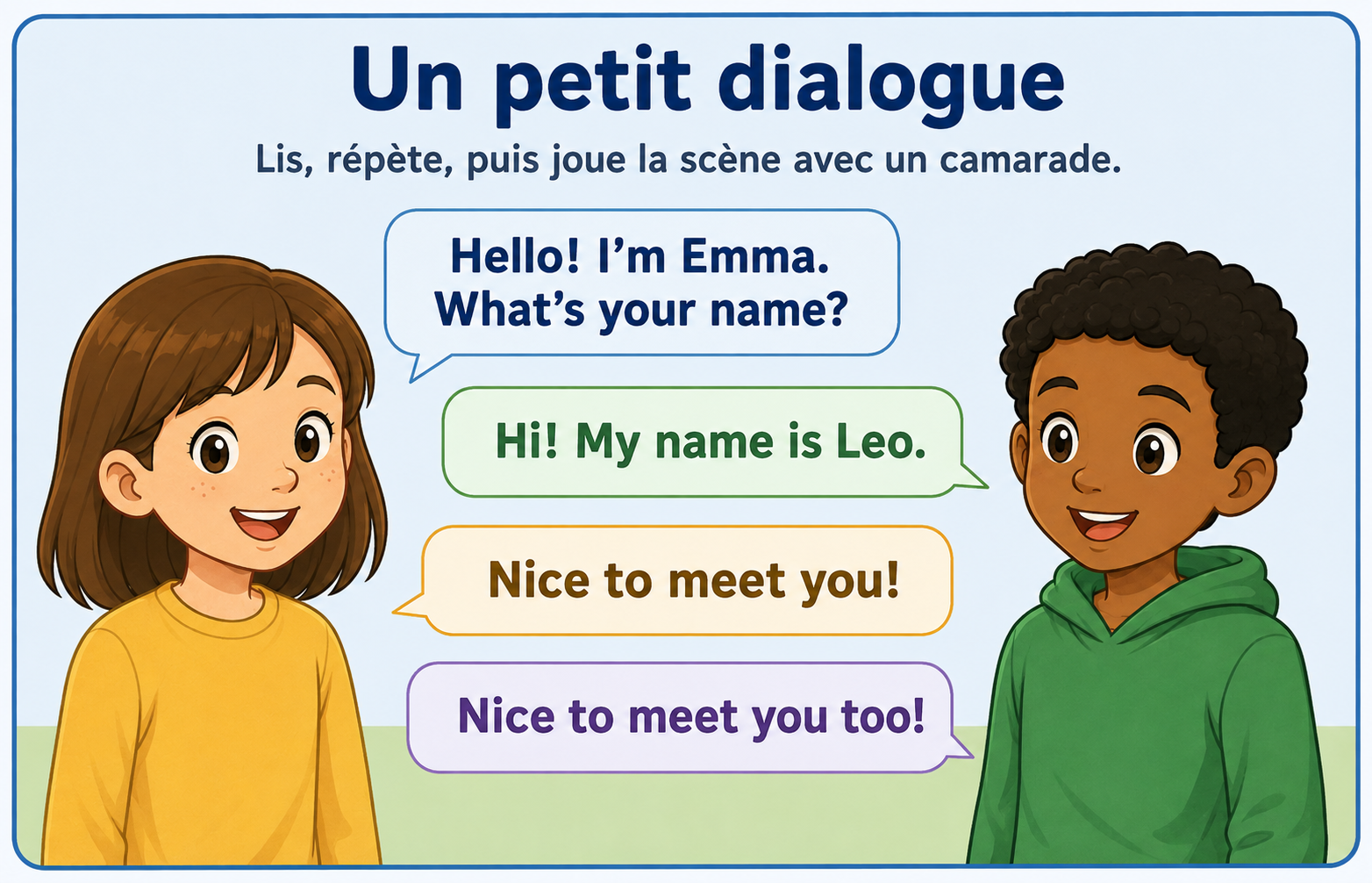 Petit dialogue en anglais avec deux enfants, lisible et illustré en style BD plus réaliste.