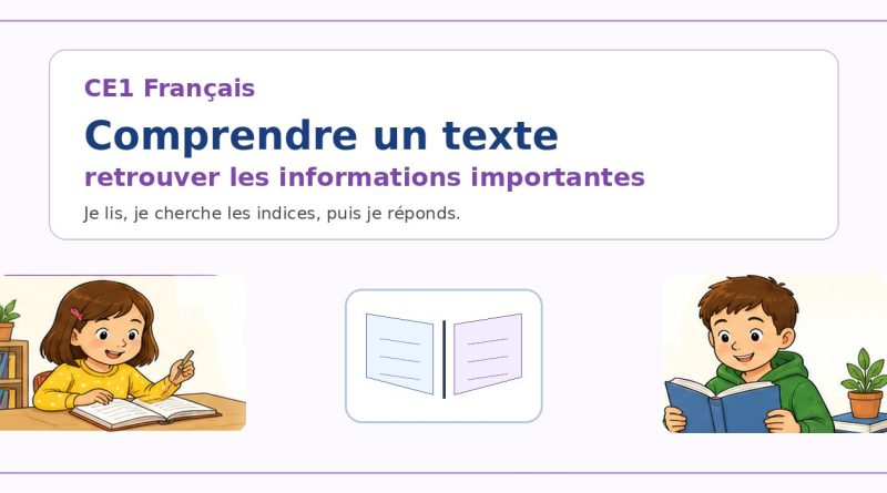 Illustration CE1 français : deux enfants lisent et cherchent les informations importantes dans un texte.