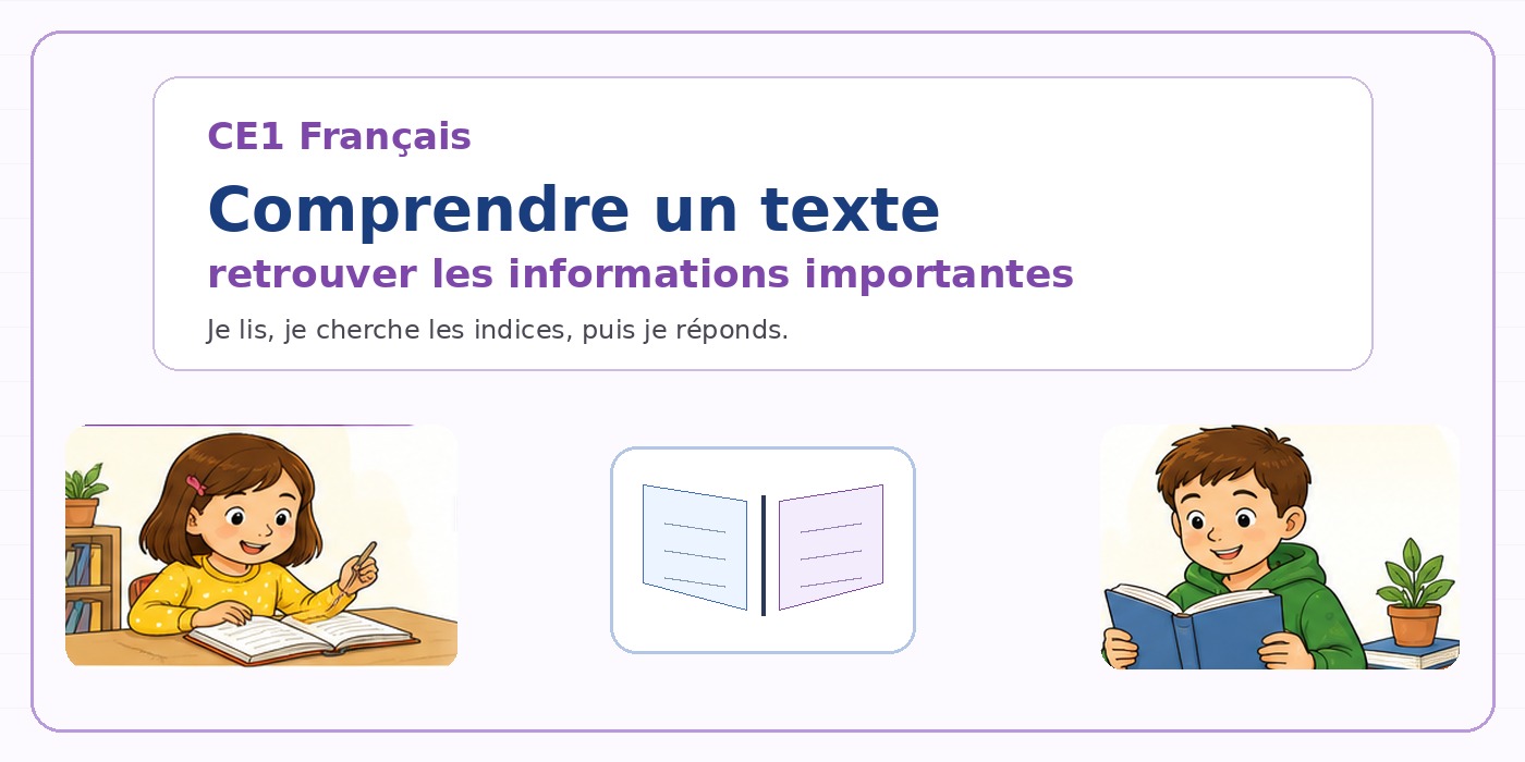 Illustration CE1 français : deux enfants lisent et cherchent les informations importantes dans un texte.