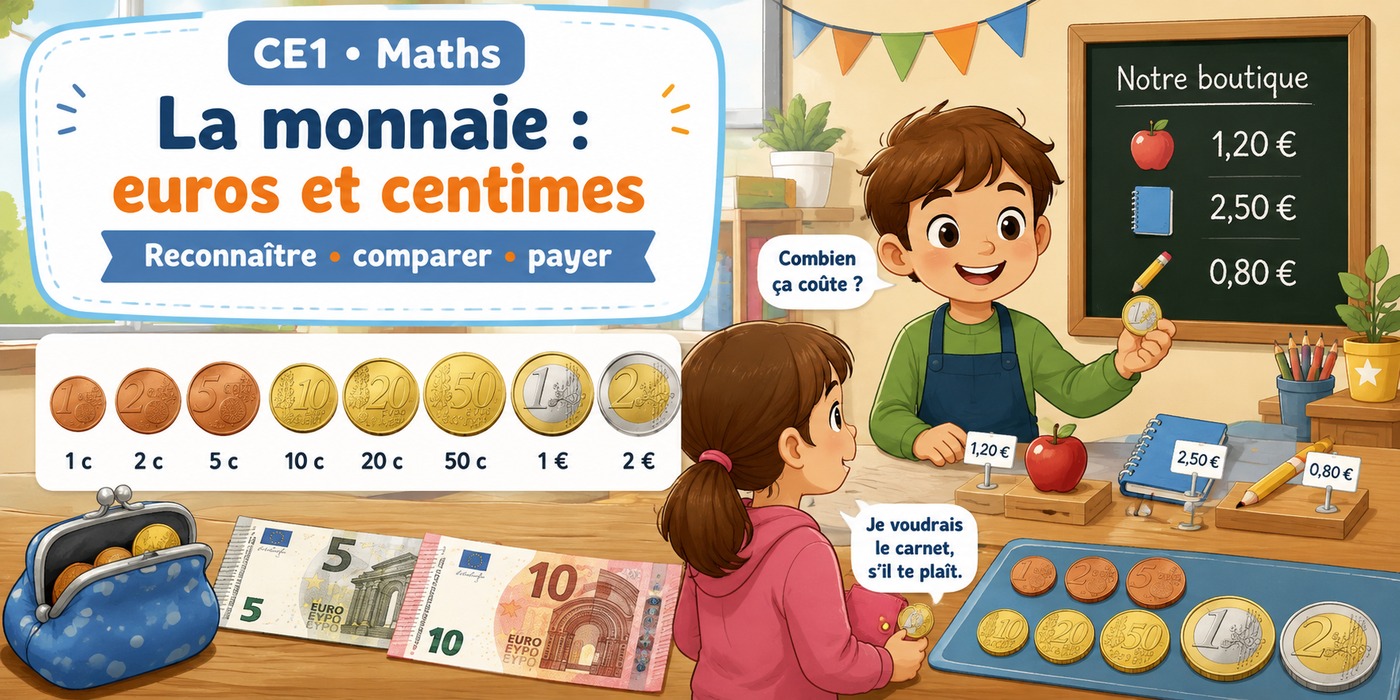 CE1 Maths : reconnaître et utiliser les euros et les centimes dans une petite boutique.