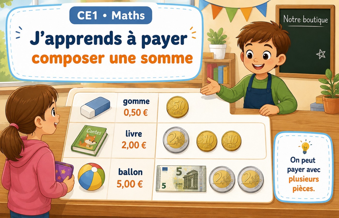 Exemples de sommes à composer avec plusieurs pièces et billets pour payer un objet.