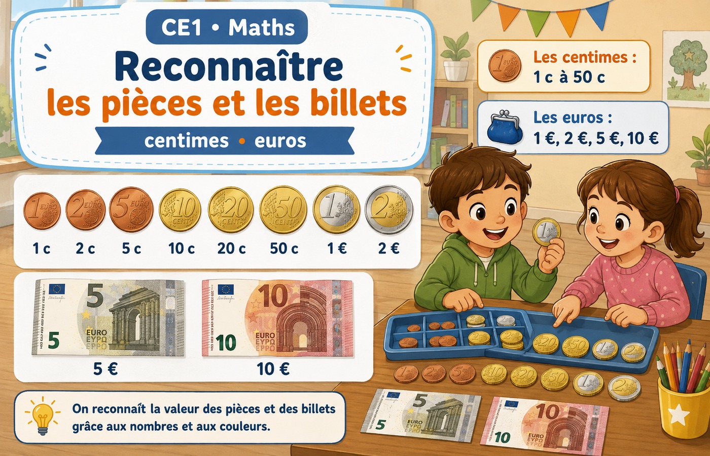 Pièces et billets en euros et centimes présentés pour apprendre à reconnaître leur valeur.