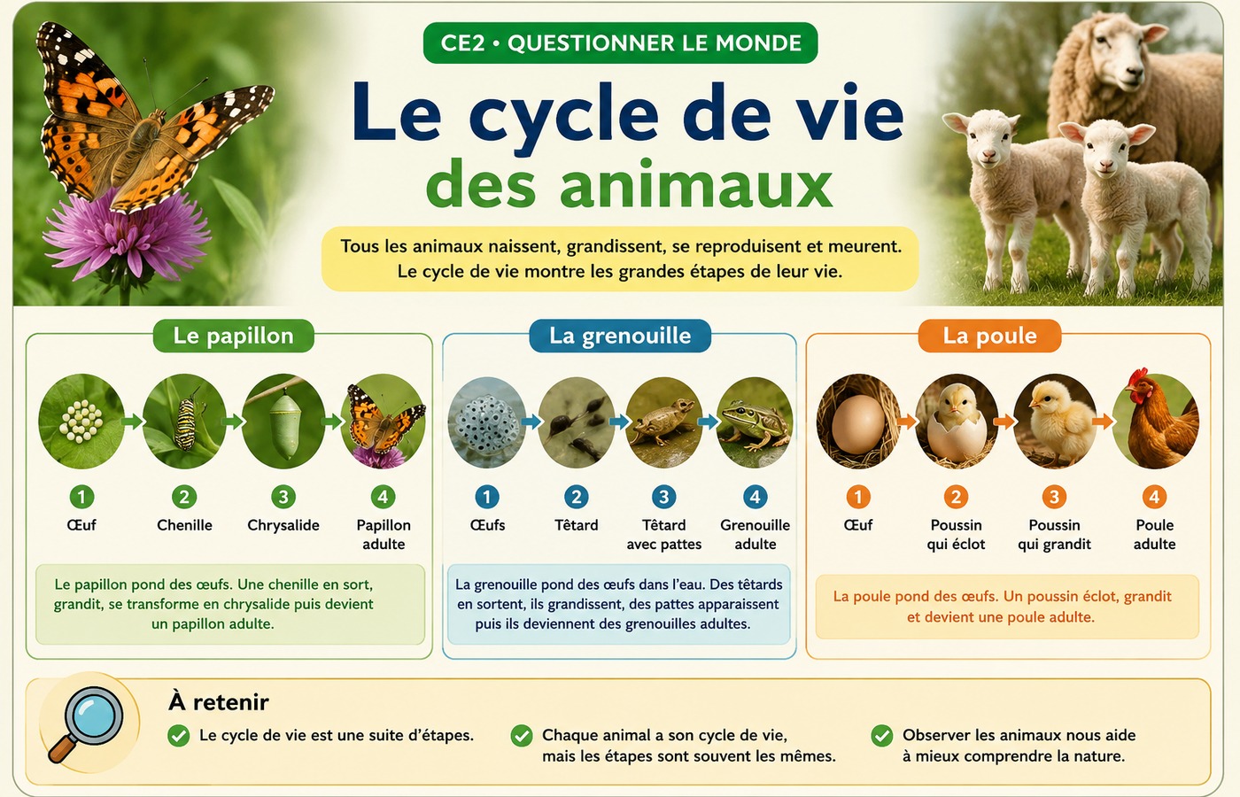 Cycles de vie du papillon, de la grenouille et de la poule.
