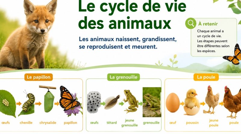 Illustration pédagogique sur le cycle de vie des animaux.