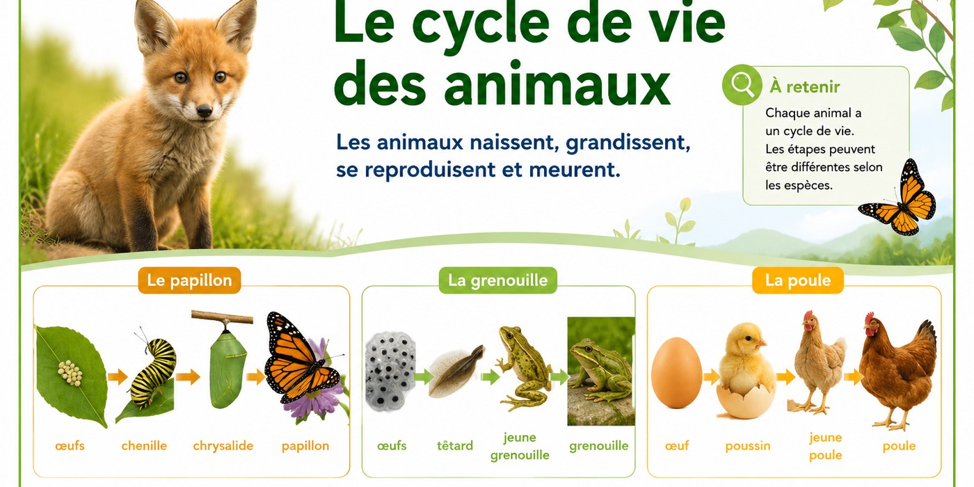 Illustration pédagogique sur le cycle de vie des animaux.