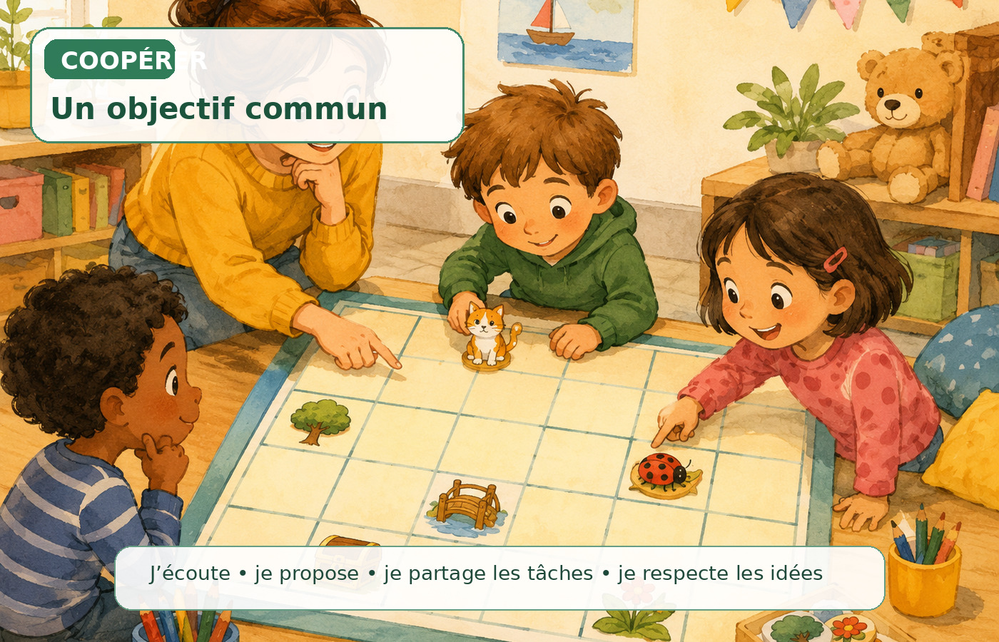 Des élèves coopèrent autour d’une activité commune en écoutant et en partageant les tâches.