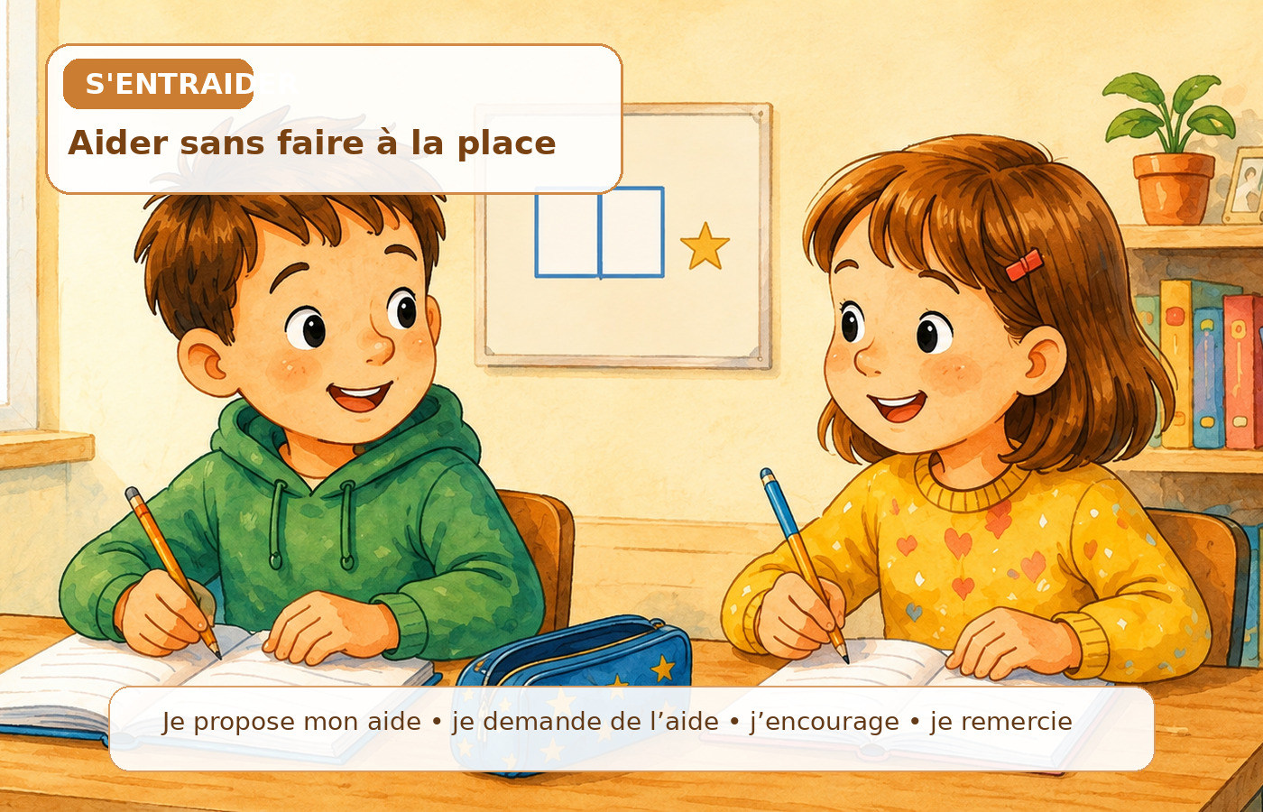 Deux élèves s’entraident en classe : ils expliquent, encouragent et demandent de l’aide.