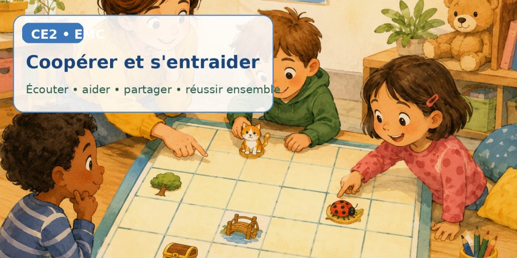 Des élèves de CE2 coopèrent autour d’un jeu de classe et cherchent ensemble une solution.