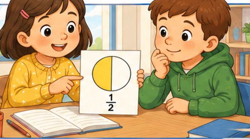 Illustration CE2 maths : deux élèves observent une moitié représentée par la fraction un demi.
