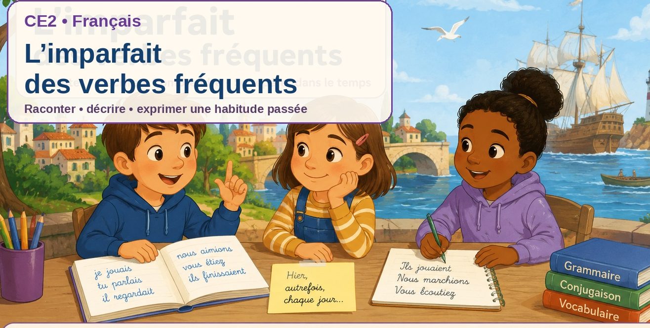 Des élèves de CE2 travaillent sur l’imparfait des verbes fréquents, avec des repères sur le passé.