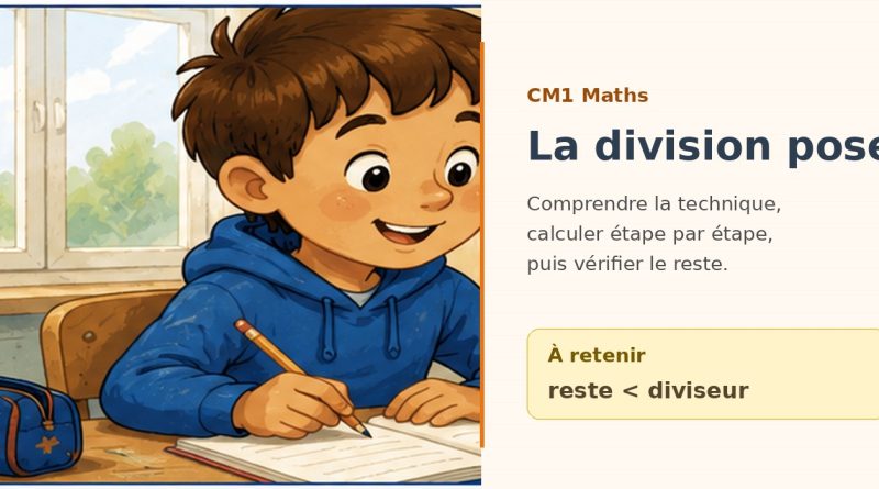 Illustration CM1 maths : un élève travaille sur la division posée.