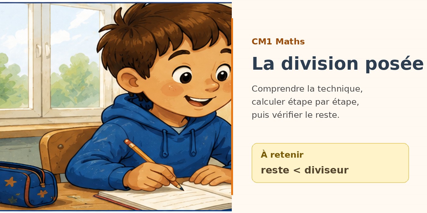 Illustration CM1 maths : un élève travaille sur la division posée.