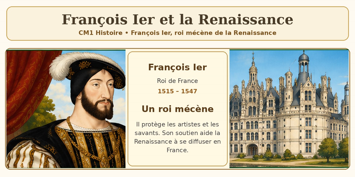 Illustration CM1 histoire : François Ier, un château de la Renaissance et le rôle du roi mécène.