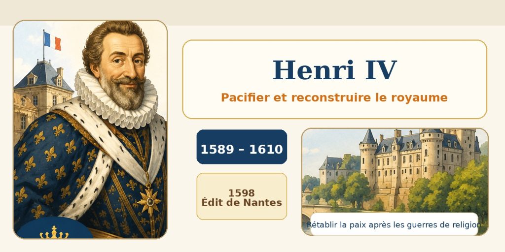 Illustration pédagogique de Henri IV avec les repères 1589-1610 et 1598 édit de Nantes.