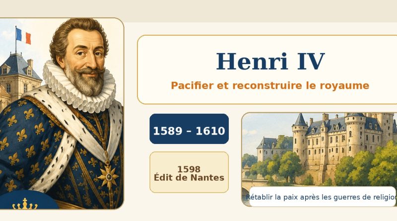Illustration pédagogique de Henri IV avec les repères 1589-1610 et 1598 édit de Nantes.