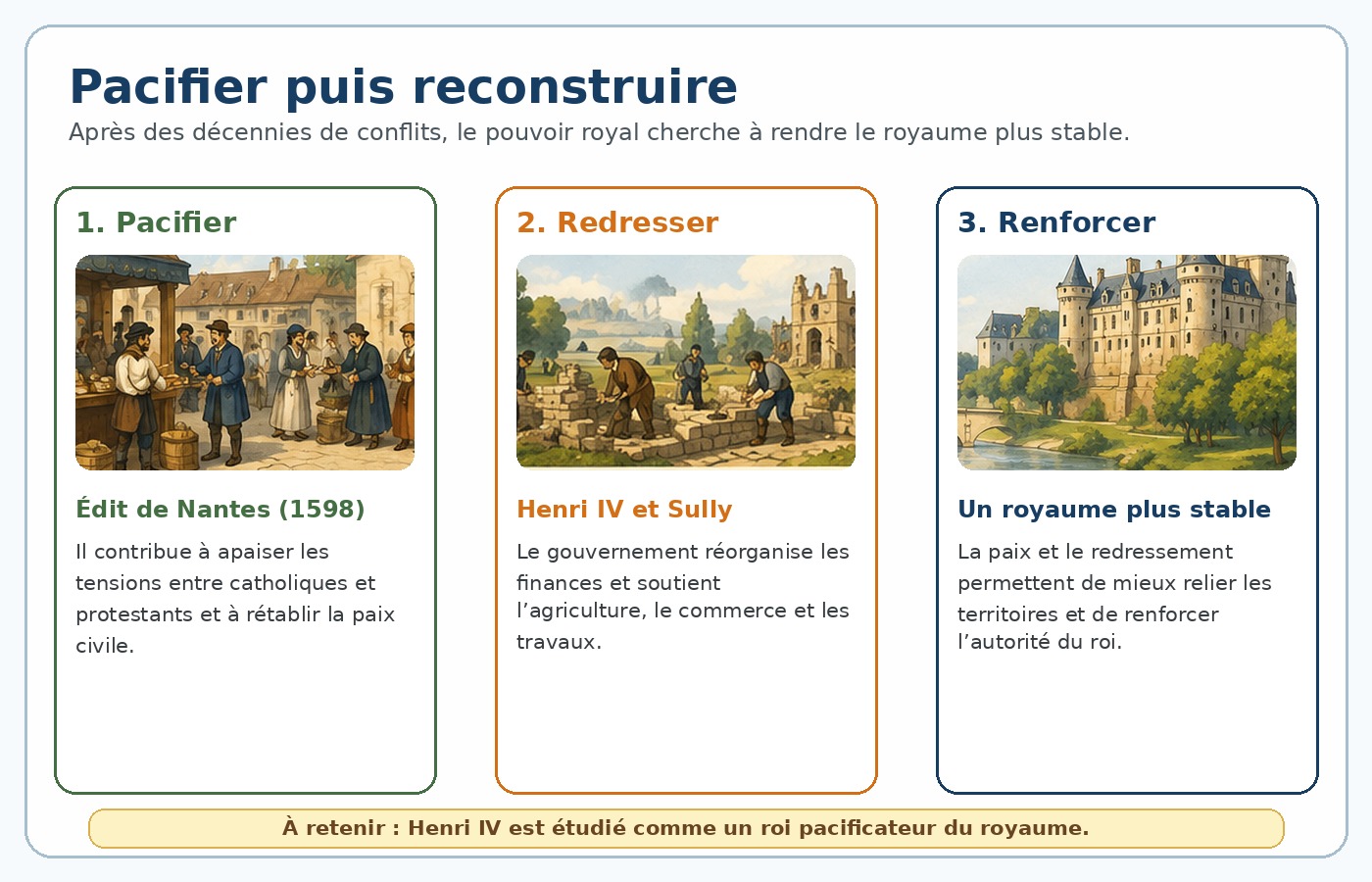 Schéma expliquant comment Henri IV pacifie puis redresse le royaume avec Sully.