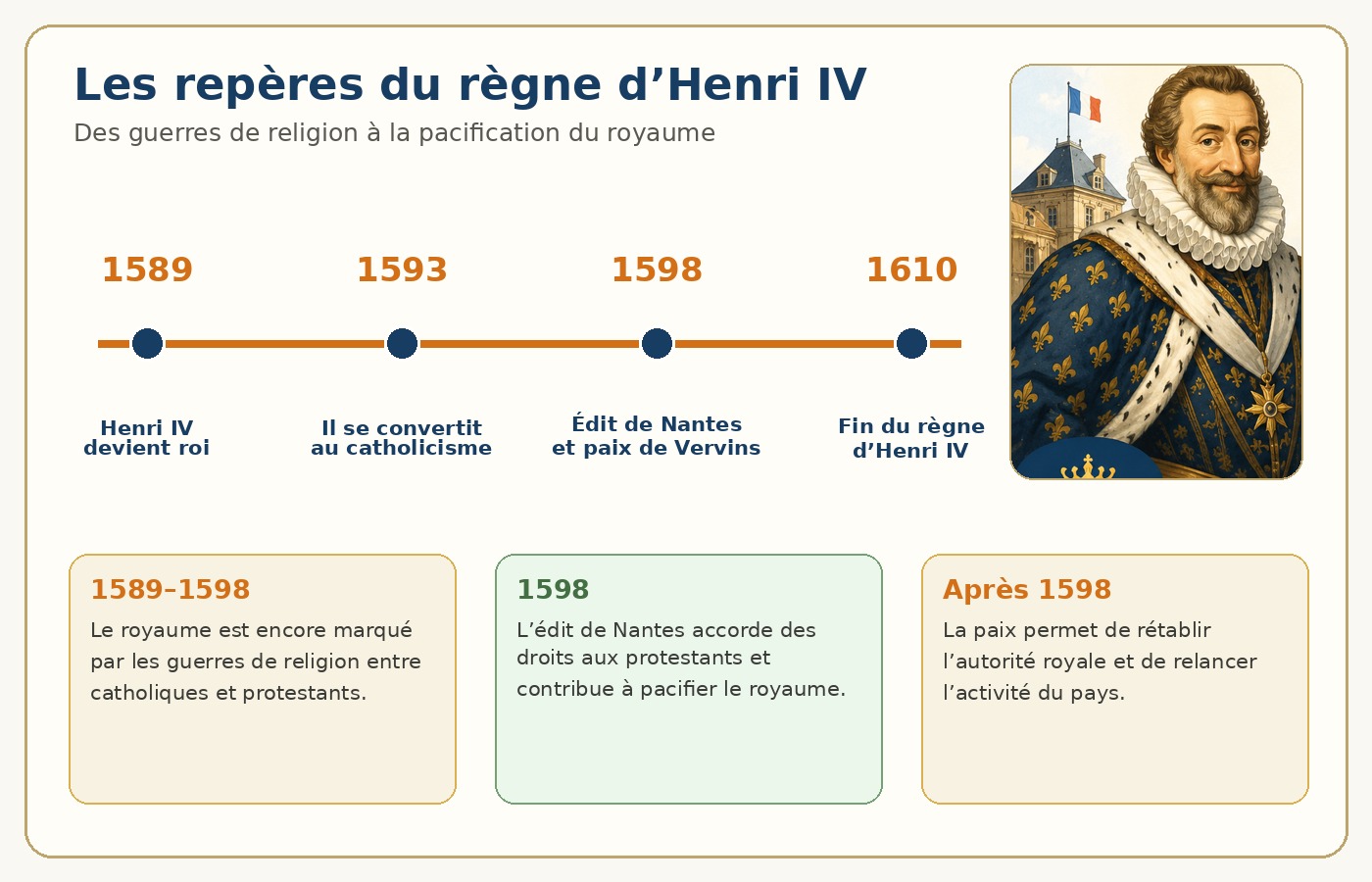 Frise chronologique du règne de Henri IV : 1589, 1593, 1598 et 1610.