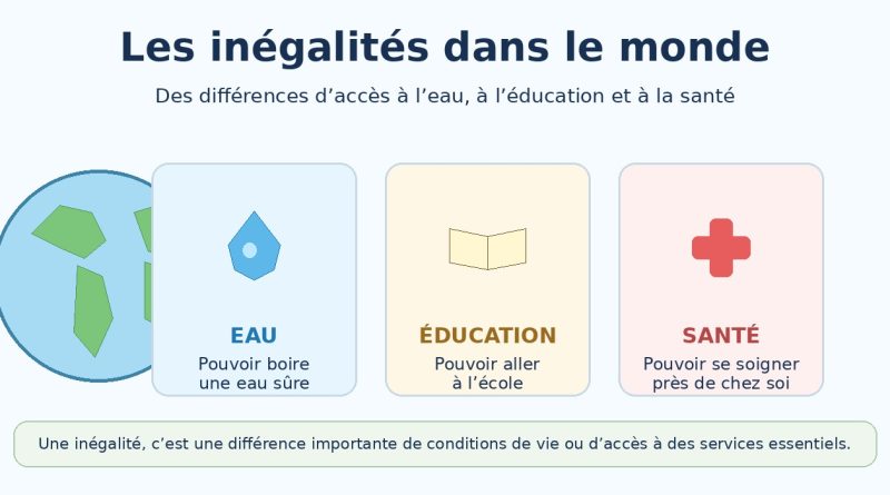 Illustration CM1 géographie : accès inégal à l’eau, à l’éducation et à la santé dans le monde.