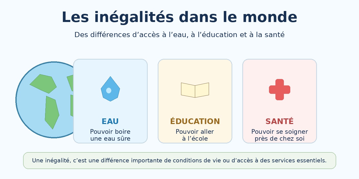 Illustration CM1 géographie : accès inégal à l’eau, à l’éducation et à la santé dans le monde.