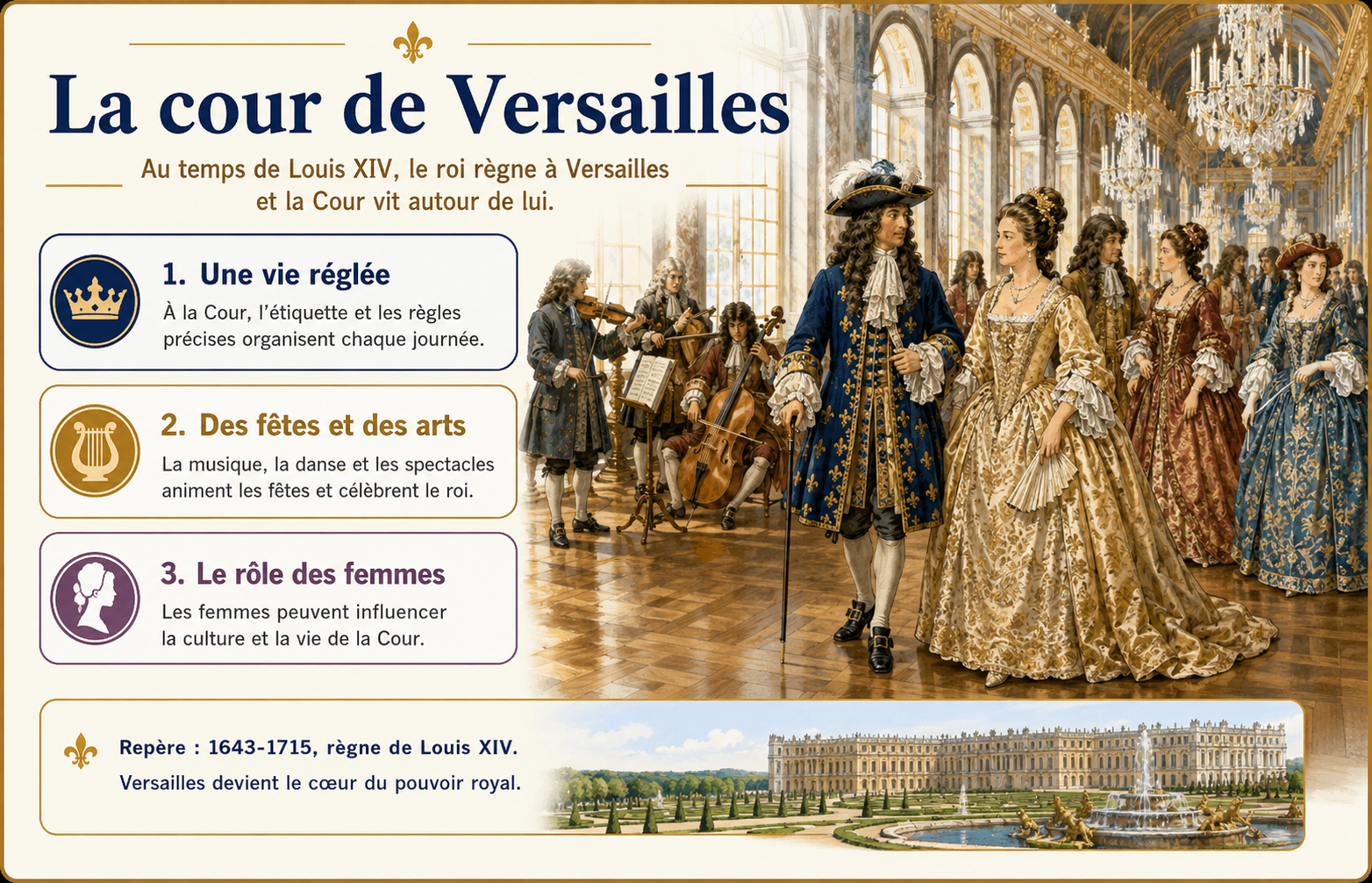 La Cour de Versailles sous Louis XIV, avec courtisans, musiciennes et femmes de la Cour représentés de manière crédible.
