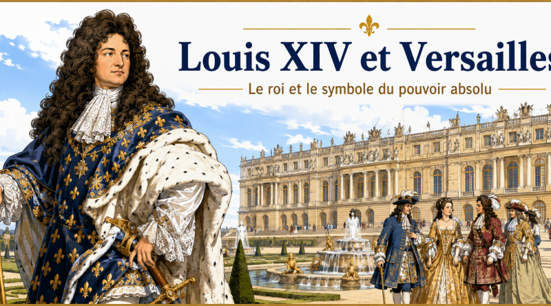 Louis XIV devant le château de Versailles avec des courtisans représentés de manière historique et crédible.