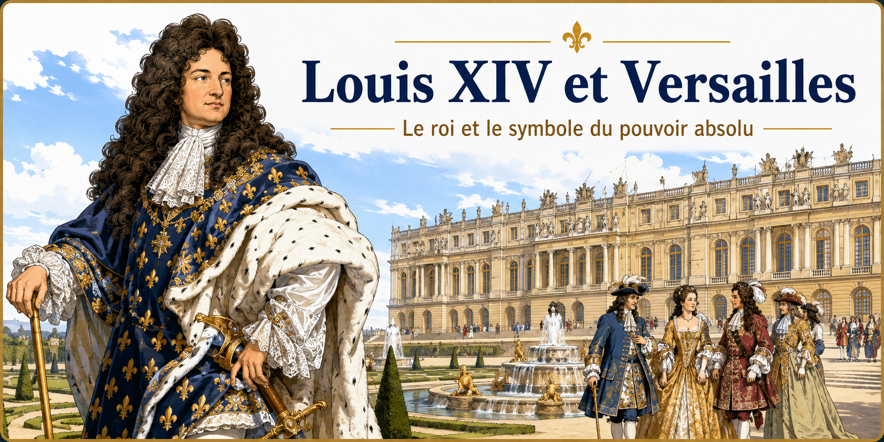 Louis XIV devant le château de Versailles avec des courtisans représentés de manière historique et crédible.