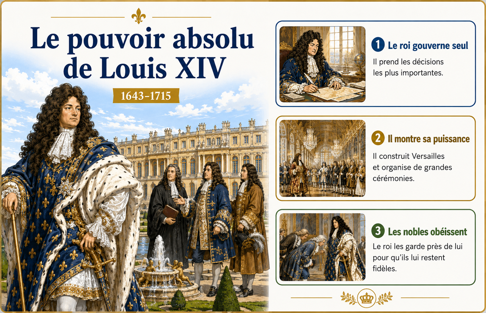 Louis XIV et trois scènes illustrant son pouvoir absolu, avec des personnages historiques crédibles.