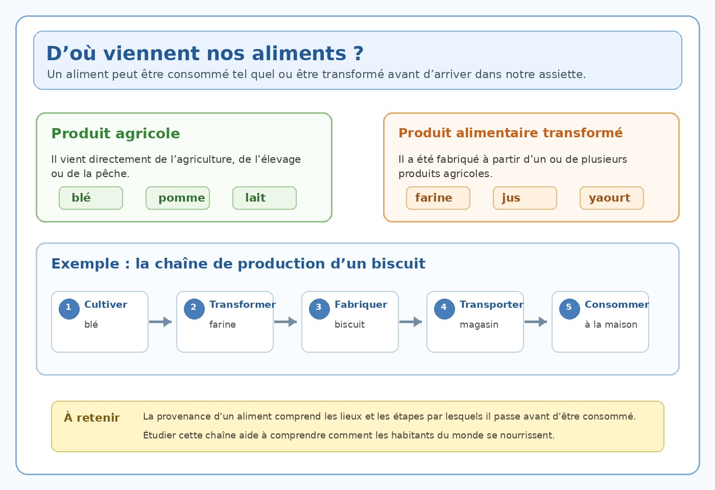 Schéma CM1 distinguant produit agricole, produit transformé et chaîne de production d’un aliment.