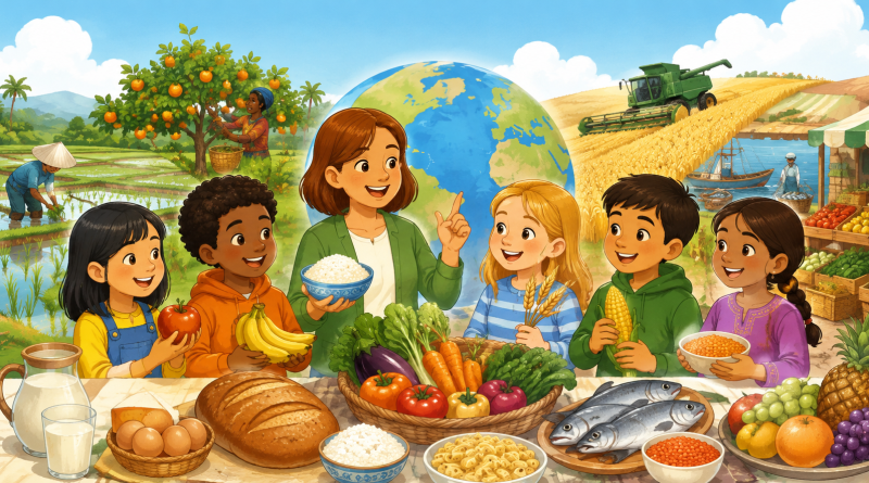 Des enfants découvrent des aliments du monde devant un globe, avec des cultures et un marché en arrière-plan.