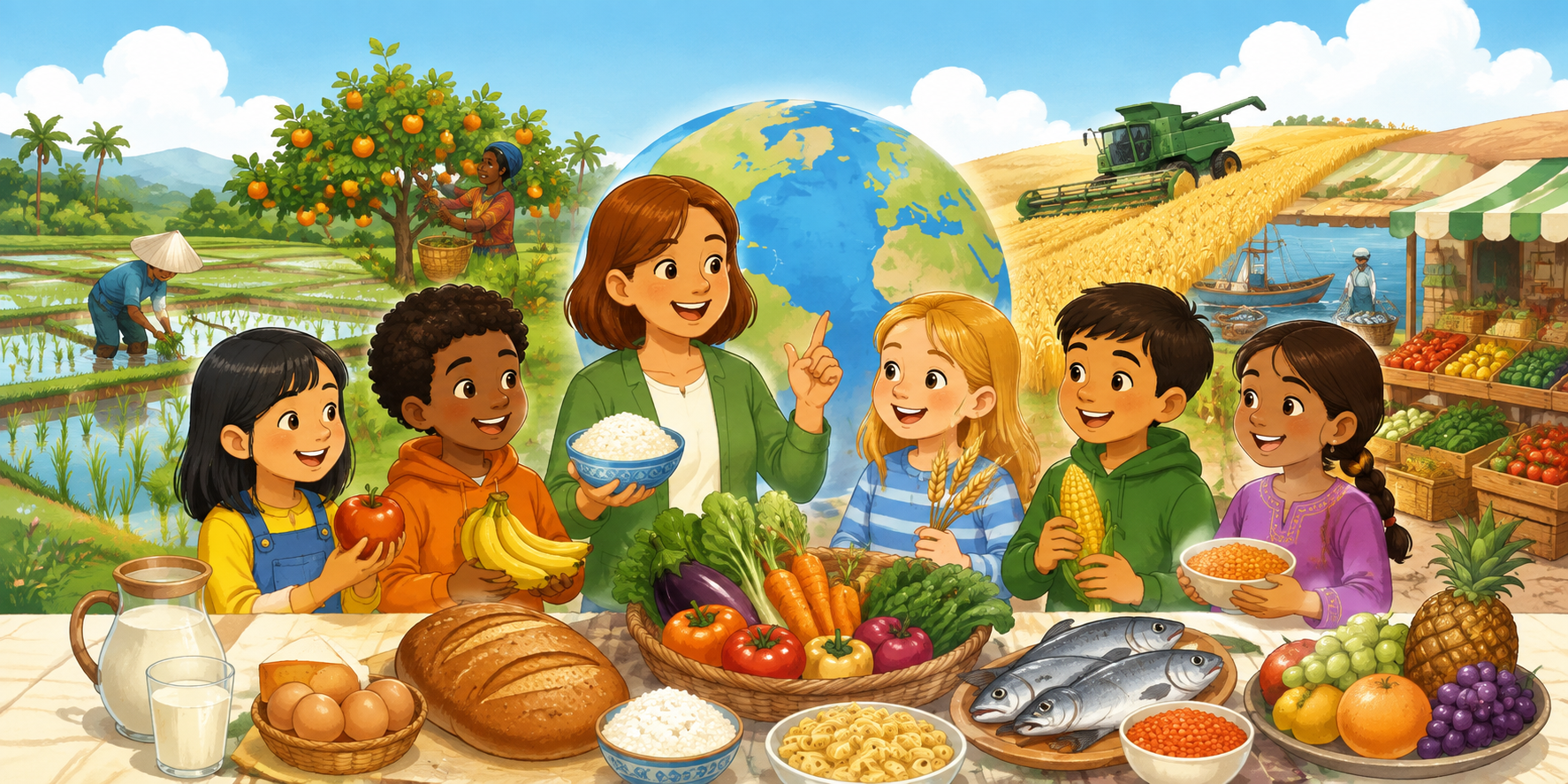 Des enfants découvrent des aliments du monde devant un globe, avec des cultures et un marché en arrière-plan.