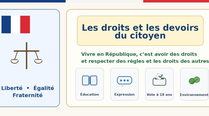 Illustration pédagogique CM2 sur les droits, les devoirs et les responsabilités du citoyen.