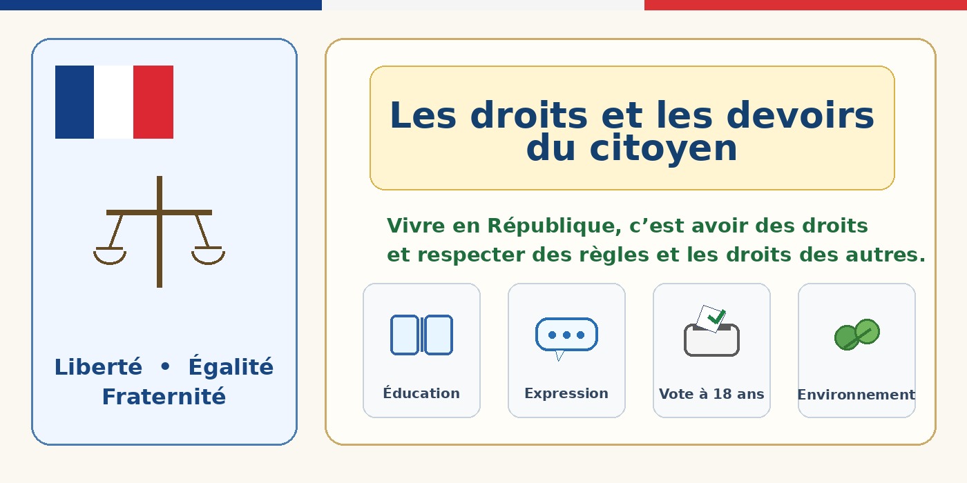 Illustration pédagogique CM2 sur les droits, les devoirs et les responsabilités du citoyen.