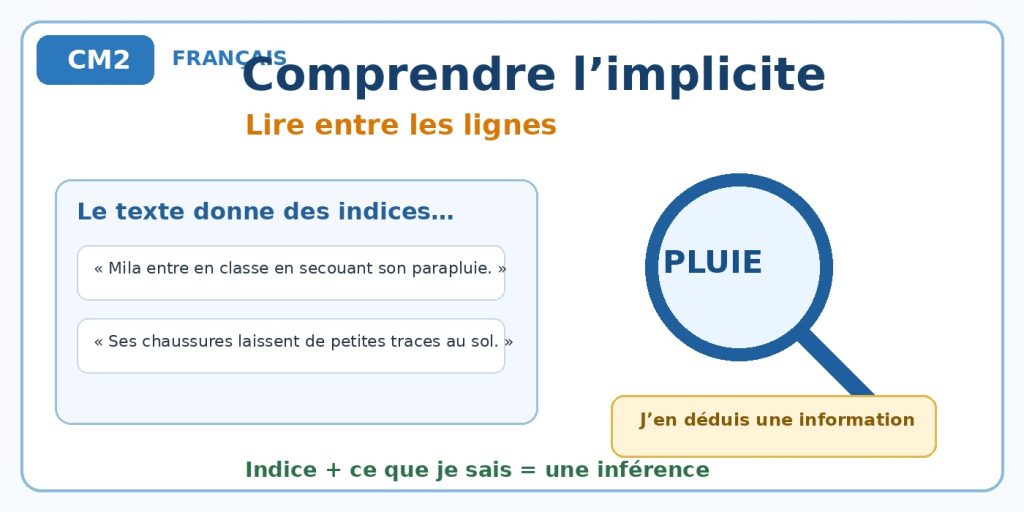 Illustration CM2 montrant comment déduire une information à partir d’indices dans un texte.