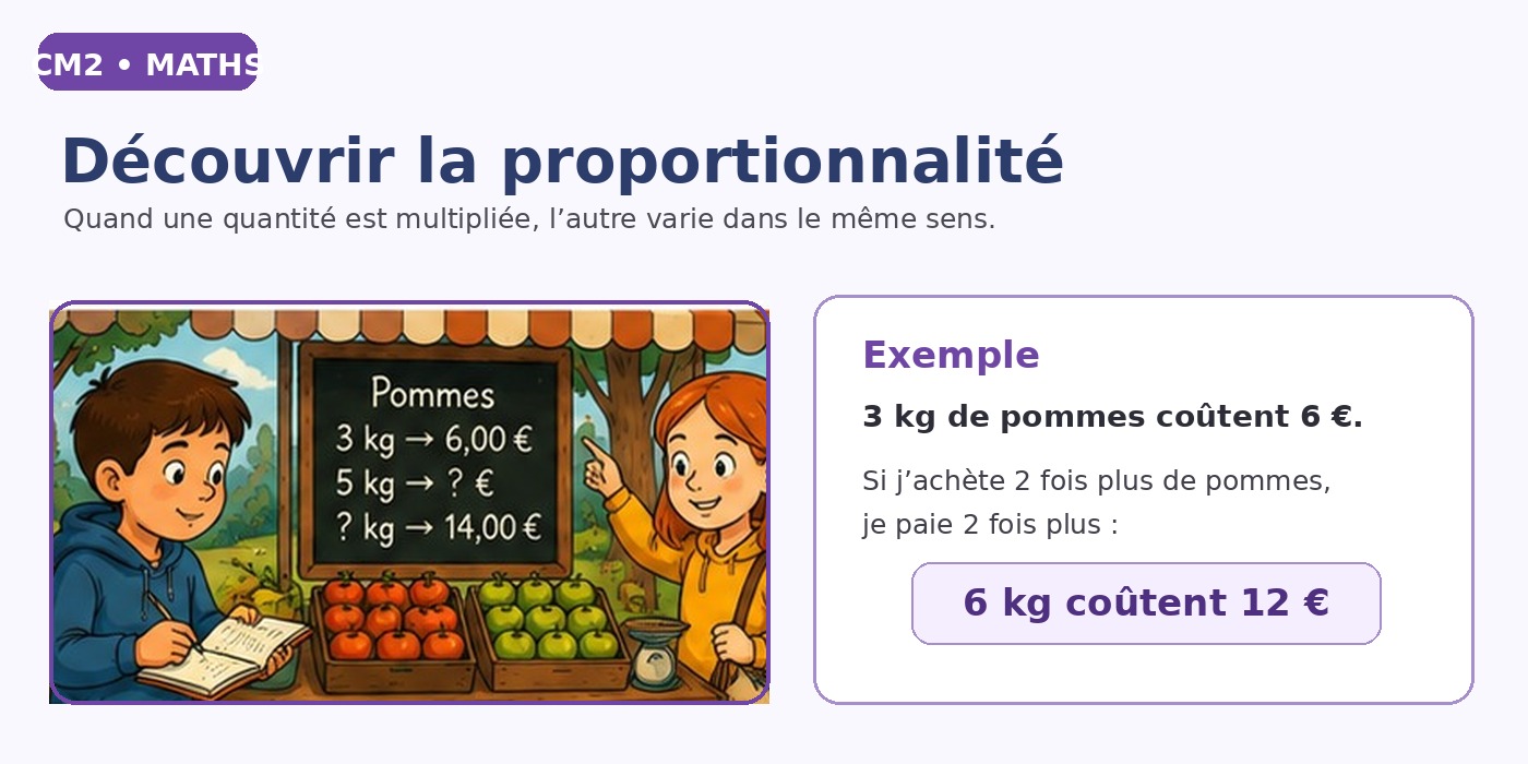 CM2 maths : situation de proportionnalité avec des pommes et un prix qui varie avec la quantité.
