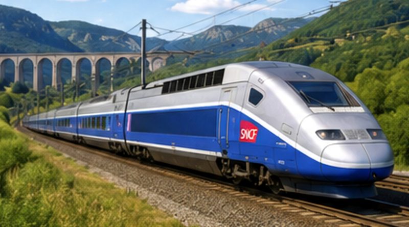 Illustration CM2 géographie : un train à grande vitesse circule sur le réseau ferroviaire français.