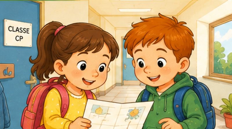 Illustration CP géographie : deux élèves observent un plan dans le couloir de leur école.