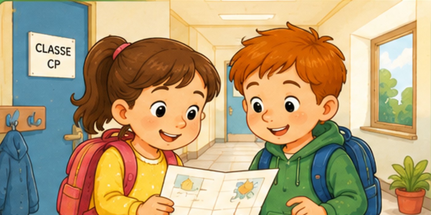 Illustration CP géographie : deux élèves observent un plan dans le couloir de leur école.