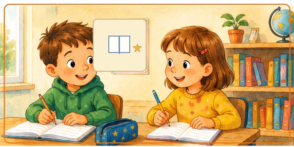 Illustration CP français : deux élèves travaillent ensemble en classe.