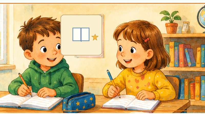 Illustration CP français : deux élèves travaillent ensemble en classe.