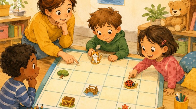 Illustration CP maths : des élèves apprennent à se repérer sur un quadrillage en classe.