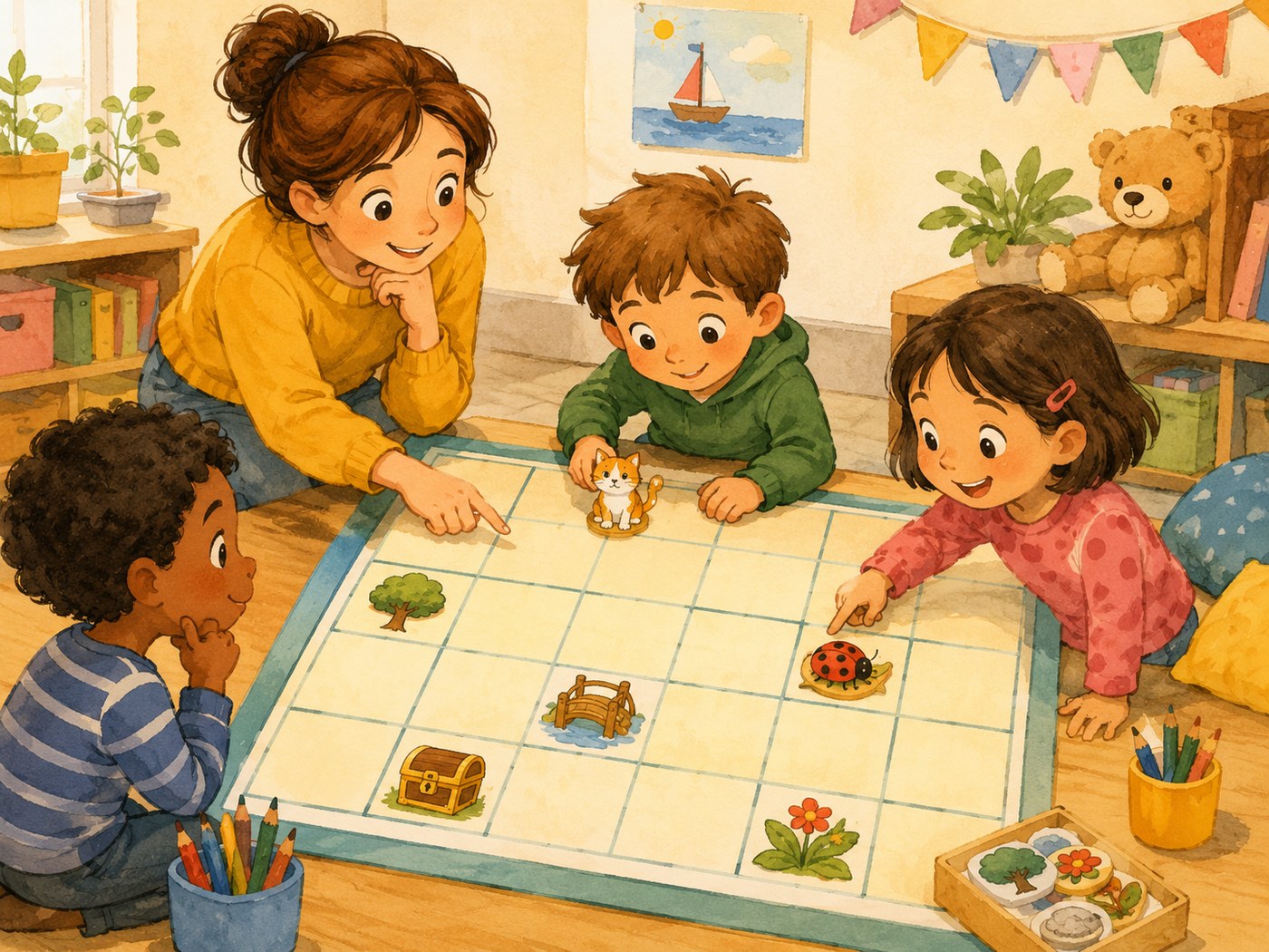 Illustration CP maths : des élèves apprennent à se repérer sur un quadrillage en classe.