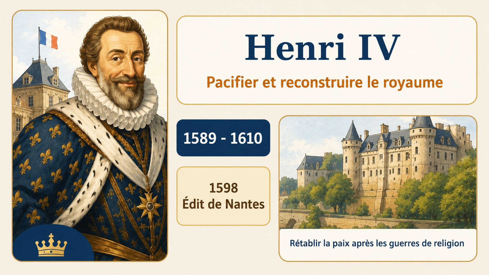 Illustration pédagogique de Henri IV avec les repères 1589-1610 et 1598 édit de Nantes.